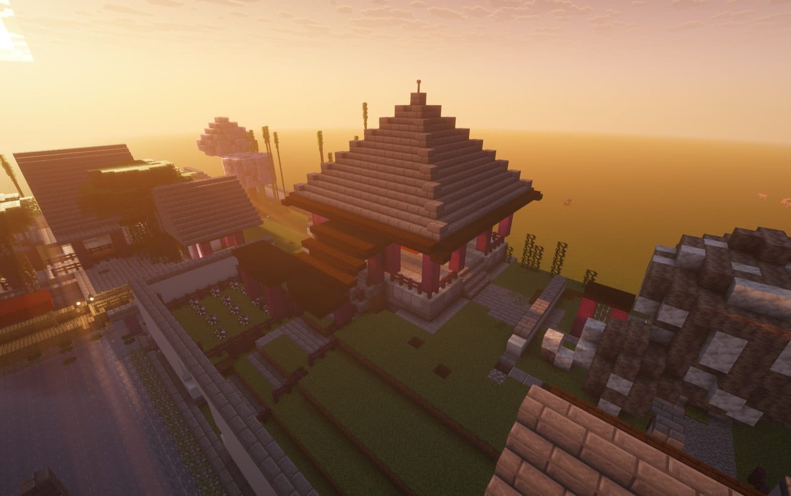 The Peony Pavilion at dusk, rebuilt in Minecraft