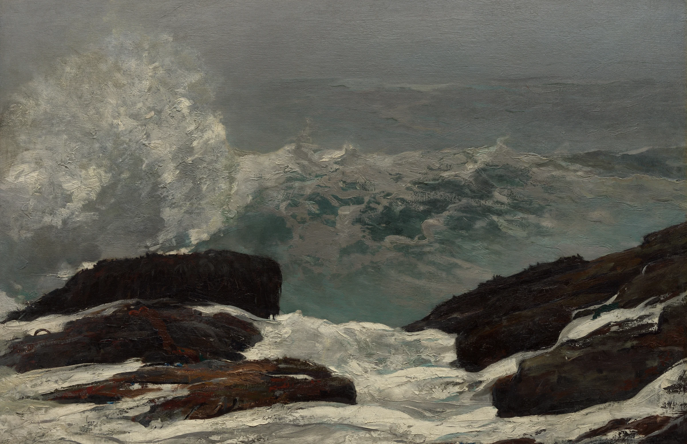 A painting by Winslow Homer: in grey mist, waves crash on dark rocks and white foam spills through the gaps